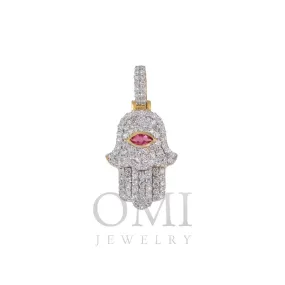 10K GOLD DIAMOND HAMSA WITH RED RUBY STONE PENDANT 1.15 CTW