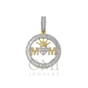 14K GOLD BAGUETTE DIAMOND MOM WITH HEART AND CROWN CIRCLE PENDANT 1.50 CT