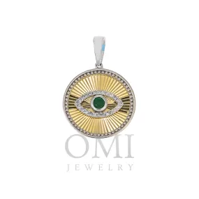 14K GOLD DIAMOND AND GREEN GEMSTONE EVIL EYE COIN PENDANT 0.21 CT