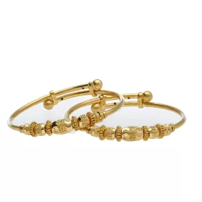 22K Yellow Gold Adjustable Baby Bangles Set of 2 W/ Detailed Barrel Beads