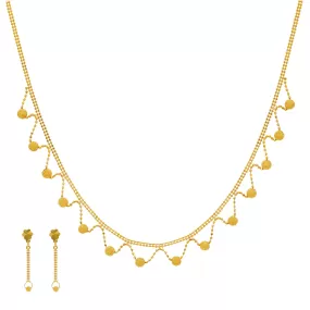 22K Yellow Gold Ball Necklace & Earrings Set W/ Glass Blast Gold Beads