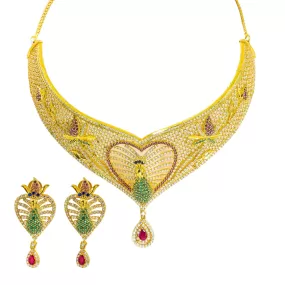 22K Yellow Gold Choker & Drop Earrings Set W/ Ruby, CZ, Peacock Heart Design & Drop Pear Pendant