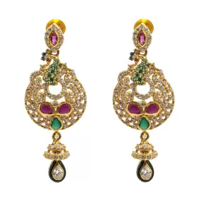 22K Yellow Gold Drop Earrings W/ Rubies, Emeralds, CZ Gems & Round Peacock Pendants