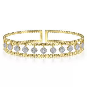 2- Row Beaded Cuff Bracelet With Diamond Pave Stations