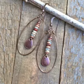 African Opal Jasper Earrings, Natural Stone Hoop Earrings, Neutral Earthy Jewelry, Hammered Copper Hoop Earrings, 7th Anniversary Jewelry