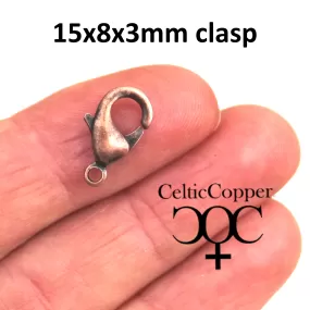 Bulk Pack of 10 Medium 15x8x3mm Lobster Clasps Brass JSCL15 Medium Copper Plated Clasps 2mm Hole