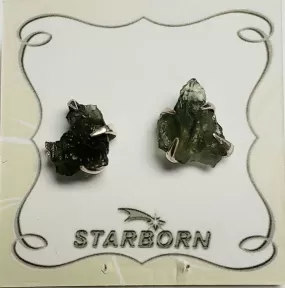 Earrings, Moldavite Raw Stone SS