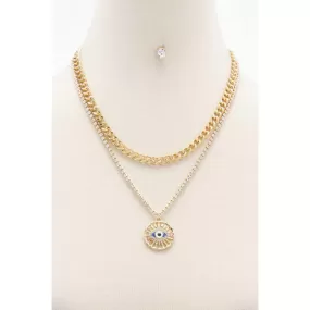 Eye Charm Rhinestone Layered Necklace