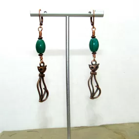 Green Agate gemstone and Copper Kitty Cat Drop Earrings