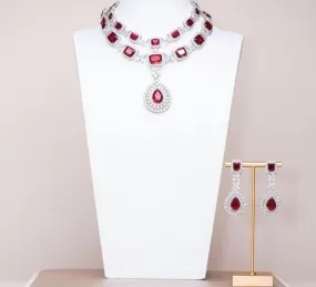 Isaline Ruby Red White Gold Luxury Necklace & Earring Set By Jaipur Rose Luxury Indian Jewelry Onli