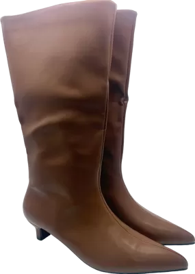 MISSPAP Brown Leather Look Low Heel Knee High Boots UK5