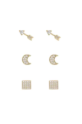 Moon, Arrow & Square Crystal Stud Set