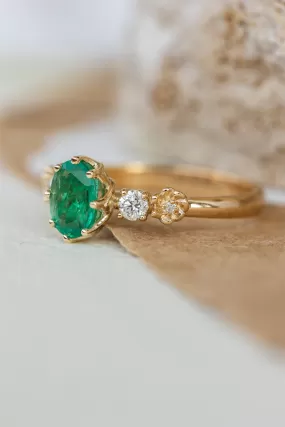 Natural oval emerald engagement ring, flower engagement ring with diamonds / Fiorella