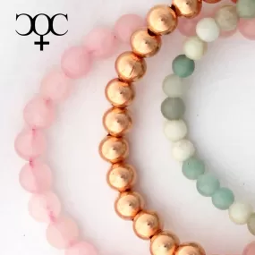 Rose Quartz Copper Bracelet Set Round Beaded Elastic Flower Amazonite Copper Bracelets 3 Piece Set