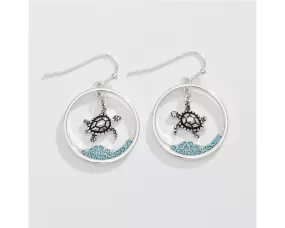 Silver Turtle & Aqua Crystal Scene Earrings