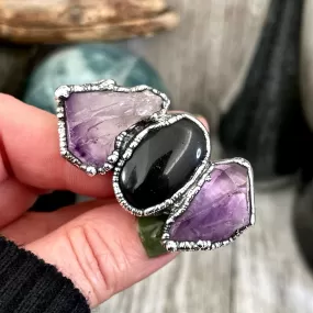 Size 9.5 Three Stone Ring- Amethyst Black Onyx Crystal Ring Fine Silver / Foxlark Collection - One of a Kind