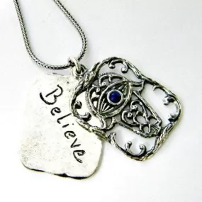 Sterling silver necklace bohemian design Israeli Believe Hamsa Pendants set lapis