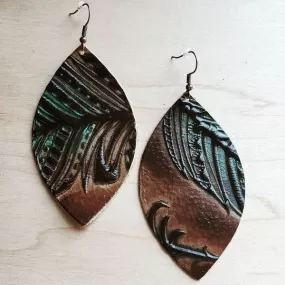 Tan/Turquoise Leather Oval Feather Earrings